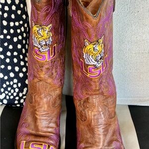 Women's Brown Leather Western Heeled Boots with Purple & Gold LSU Embroidery